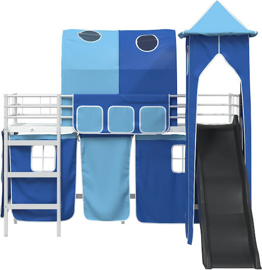 Pat pentru Copii Loft Bed Single Albastru pentru Saltea 90x190cm