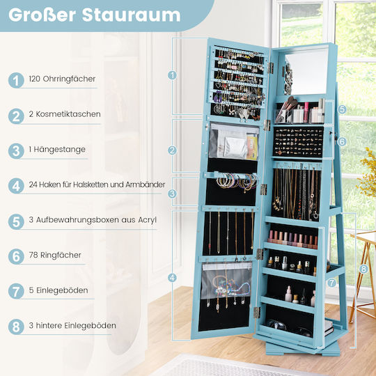 Costway Oglindă De Podea Cu Cadru Din Lemn Albastru 161x39cm