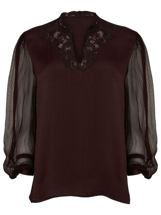 Women's Blouse with Lace & Sheerness Brown