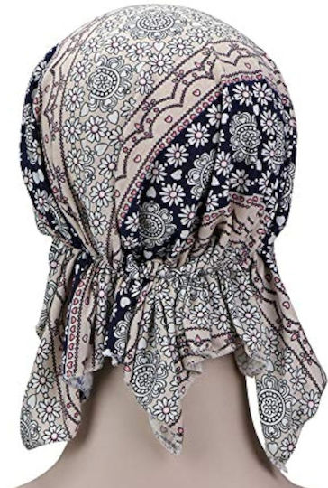 Turban Din Bumbac Lycra Ecru Albastru Cu Flori