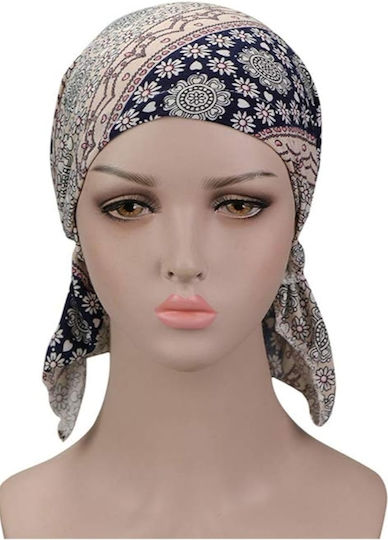 Turban Din Bumbac Lycra Ecru Albastru Cu Flori