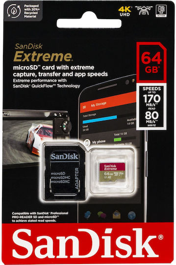 Sandisk Extreme microSDXC 64GB U3 V30 A2 UHS-I 170MB/s с адаптер