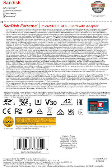 Sandisk Extreme microSDXC 64GB U3 V30 A2 UHS-I 170MB/s с адаптер