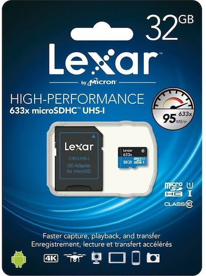 Lexar High-Performance 633x microSDHC 32GB U1 V10 A1 UHS-I 100MB/s με αντάπτορα