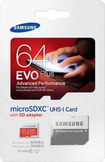 Samsung EVO+ microSDXC 64GB U1 UHS-I 80MB/s με αντάπτορα