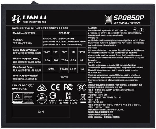 Lian Li SP850P ATX3.1 850W Black Computer Power Supply Full Modular 80 Plus Platinum