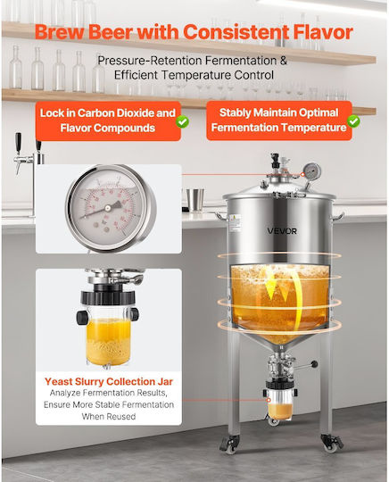 Conical Fermenter Vevor Stainless Steel Fermentation Tank Home Brewing 16 Gallons 60 Liters Brewing Bucket Fermenter Conical Bottom 3 Wheels Cap Handle Thermometer Wine Beer Fermentation