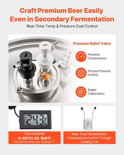 Conical Fermenter Vevor Stainless Steel Fermentation Tank Home Brewing 16 Gallons 60 Liters Brewing Bucket Fermenter Conical Bottom 3 Wheels Cap Handle Thermometer Wine Beer Fermentation