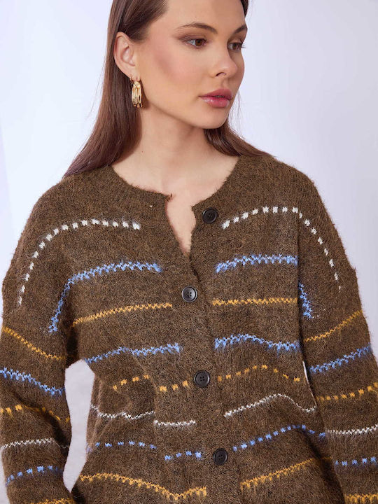 Celestino Women's Fuzzy Striped Loose Fit Brown Cardigan