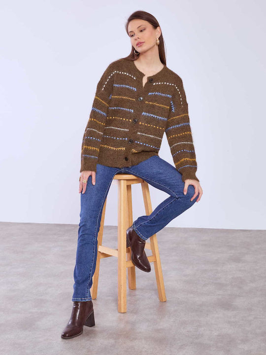Celestino Women's Fuzzy Striped Loose Fit Brown Cardigan