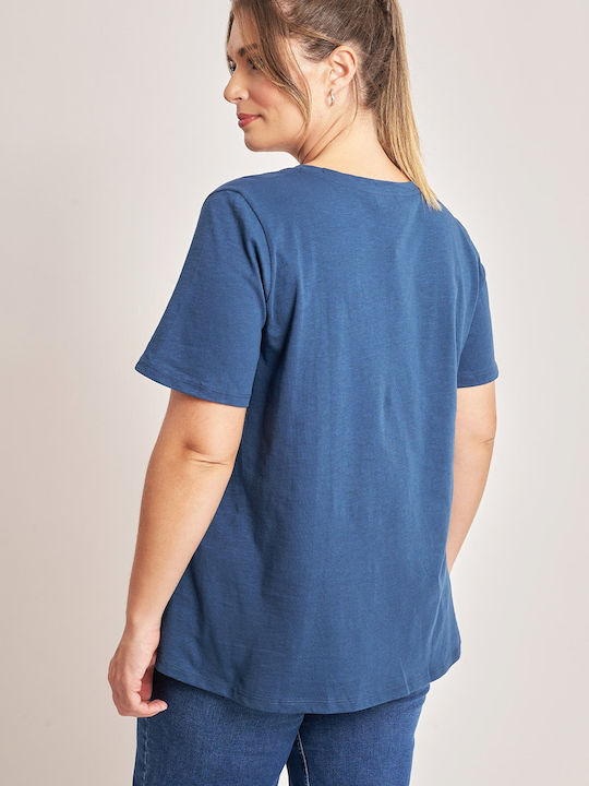 Bluza Damă Bumbac Mâneci Scurte cu Decolteu în V Albastră