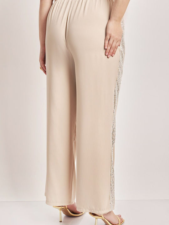 Femei Din material textil Pantaloni cu elastic cu Croială Dreaptă Bej cu Paiete