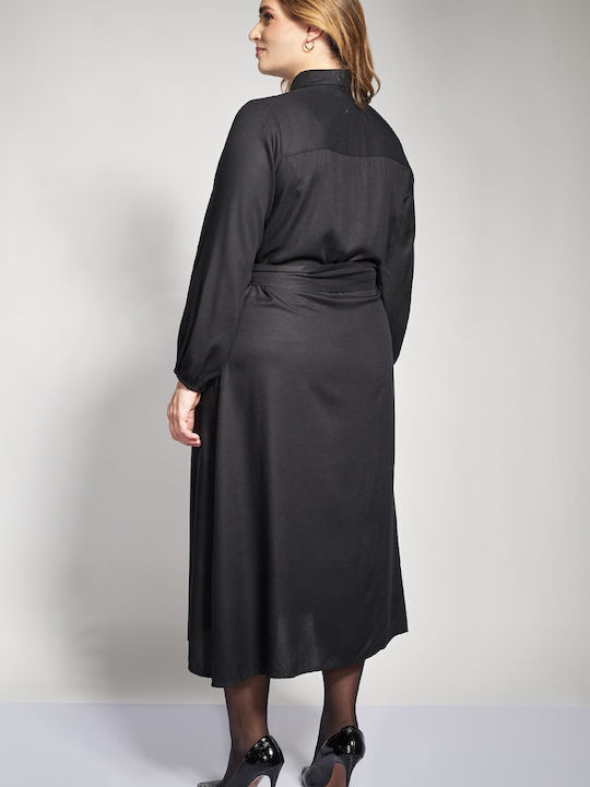 Rochie-Cămașă Midi Mânecă Lungă Neagră