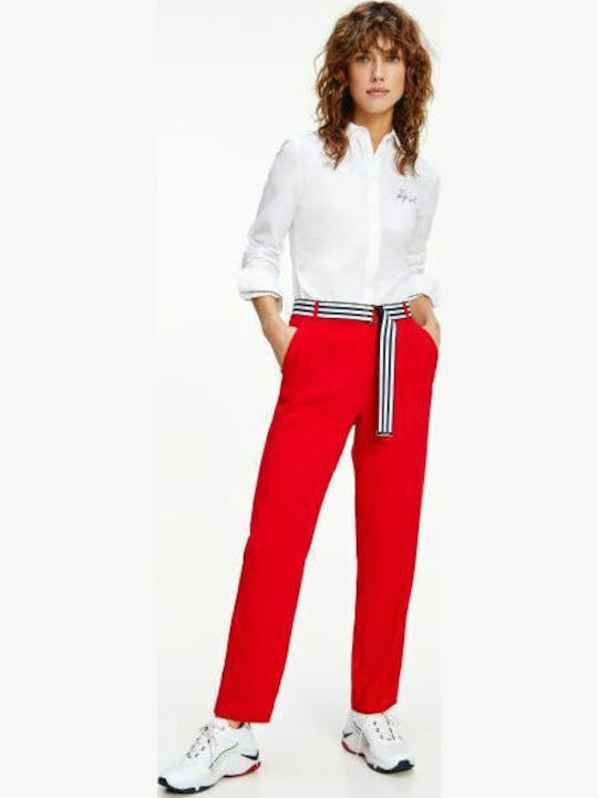 Ankle Women's High-waisted Fabric Trousers Regular Fit Red