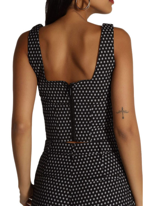 Women's Crop Top Cotton Sleeveless with Zipper Polka Dot Black