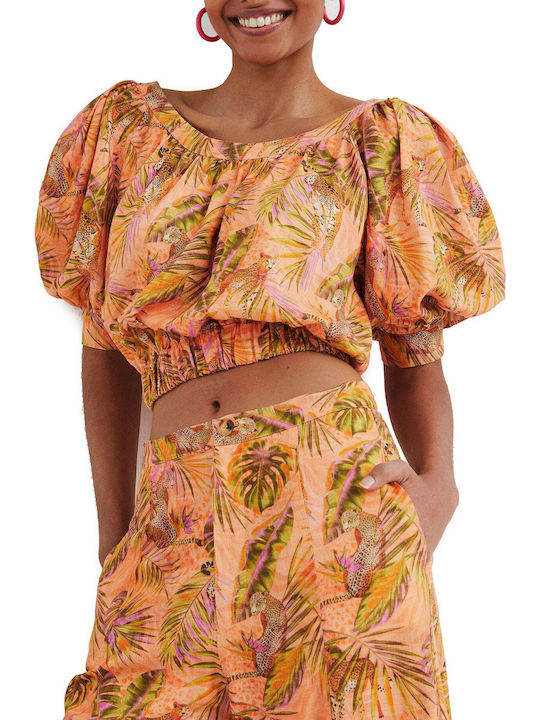 Safari Women's Summer Crop Top Linen Short Sleeve with Boat Neckline Floral Orange