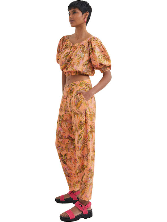 Safari Women's Summer Crop Top Linen Short Sleeve with Boat Neckline Floral Orange
