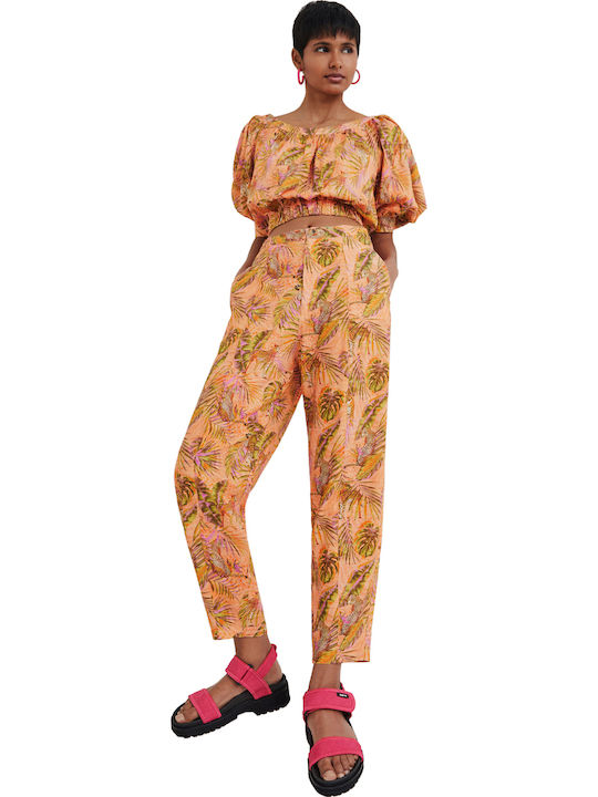 Safari Women's Summer Crop Top Linen Short Sleeve with Boat Neckline Floral Orange