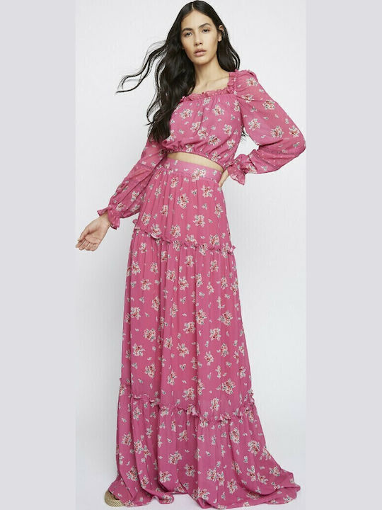 Damen Crop Top Langarm Blumen Rosa