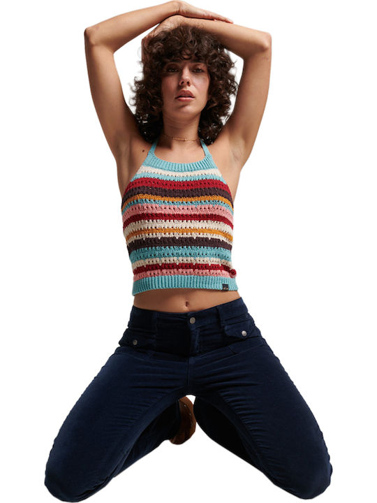 Vintage Women's Summer Crop Top Cotton with Straps & Halter Neck Striped Multicolour