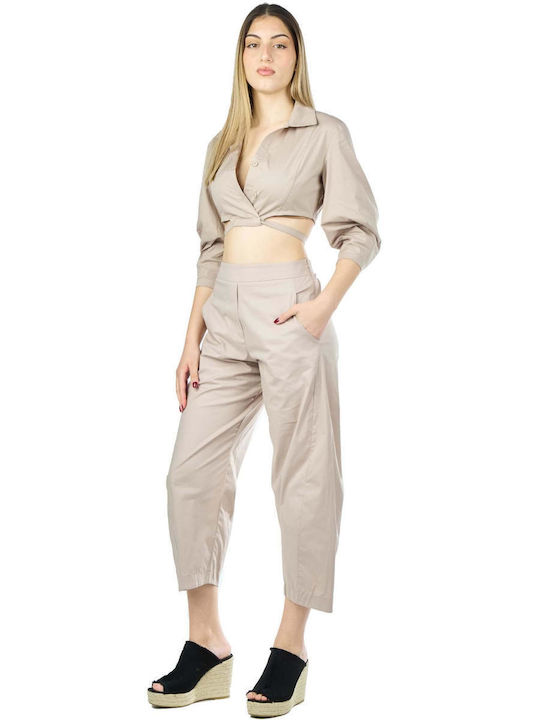 Women's Summer Crop Top Cotton Long Sleeve with Zipper Beige