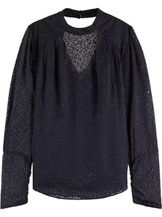 Neck Γυναικεία Μπλούζα Μακρυμάνικη Animal Print Navy Μπλε