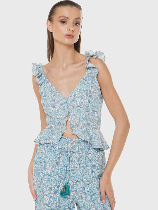Emilia Damen Sommer Crop Top Leinen Ärmellos mit V-Ausschnitt Blumen Blau