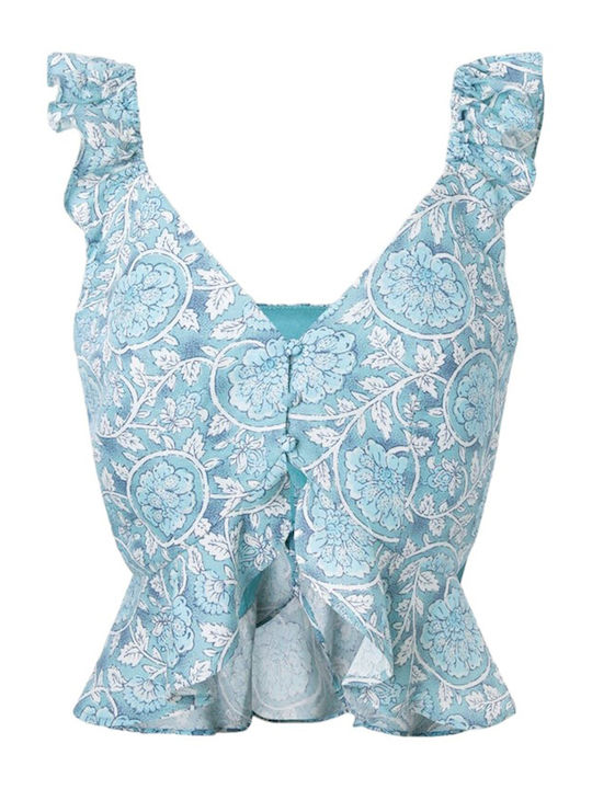 Emilia Damen Sommer Crop Top Leinen Ärmellos mit V-Ausschnitt Blumen Blau