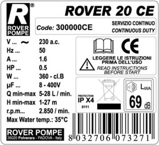 Rover Pompe Rover 20 CE Αντλία Μετάγγισης με Στόμιο 3/4" και Ιπποδύναμη 0.5hp