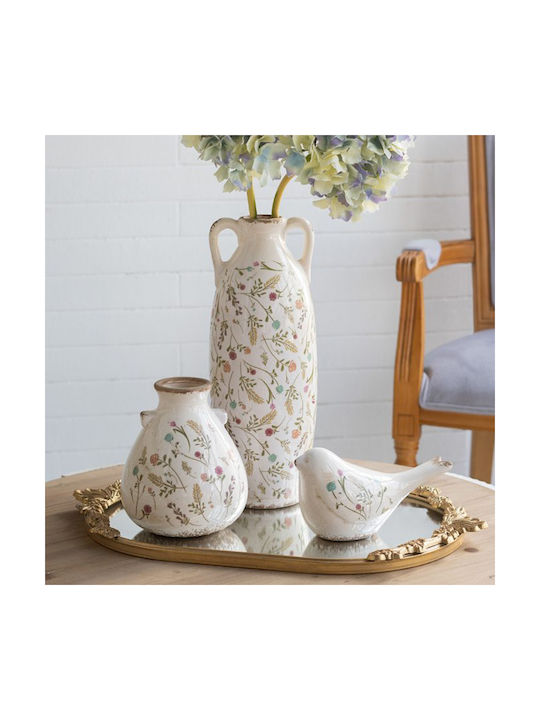 Artekko Aging White Ceramic Decorative Bird Flowers 20.5x9x11.5 Cm