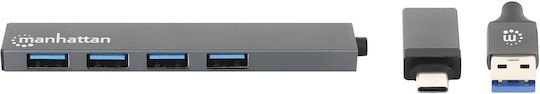 Manhattan Hub 4 Θυρών USB 3.0 με σύνδεση USB-A / USB-C Γκρι