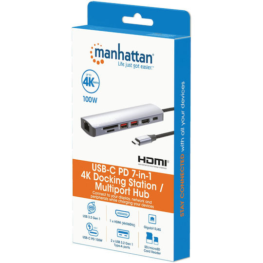 Manhattan USB-C Docking Station with HDMI 4K PD Ethernet Gray (153966)