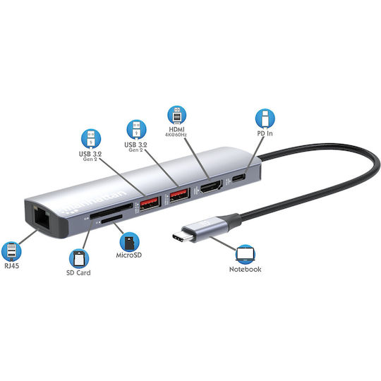 Manhattan USB-C Docking Station with HDMI 4K PD Ethernet Gray (153966)