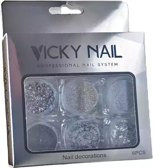 Vicky Nail Dekopulver Glitter Nageldesign Silber 6 Stück X 0,8g & 6 X Doppel Pinsel Anwendungs