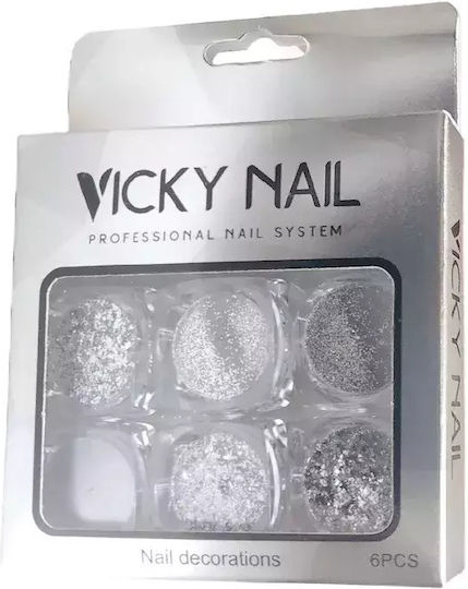 Vicky Nail Dekopulver Glitter Nageldesign Silber 6 Stück X 0,8g & 6 X Doppel Pinsel Anwendungs