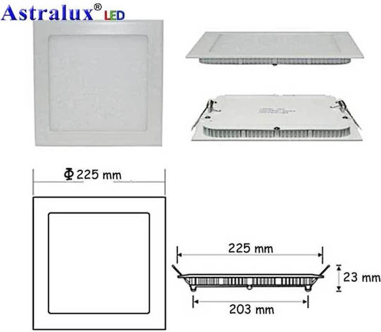 Astralux Παραλληλόγραμμο Χωνευτό LED Panel 18W με Φυσικό Λευκό Φως 4000K 22.5x22.5εκ.