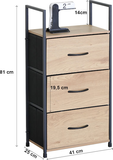 Wooden & Metallic Chest of Drawer with 3 Drawers Oaks 40.6x23.5x80cm