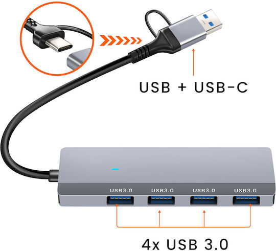 Linq USB C Хъб 4 В 1 4 USB 3.0 Порта Бърз Пренос На Данни Сив
