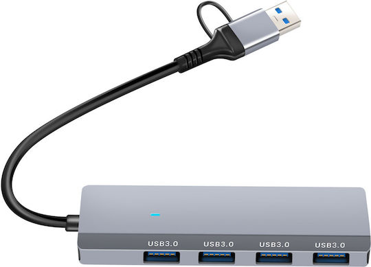 Linq USB C Хъб 4 В 1 4 USB 3.0 Порта Бърз Пренос На Данни Сив