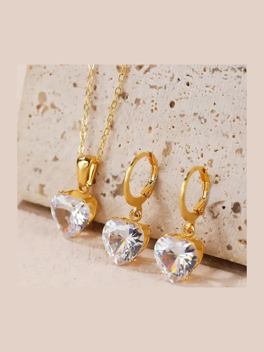 Set with Necklace & Earrings from Steel Gold Plated with Stones