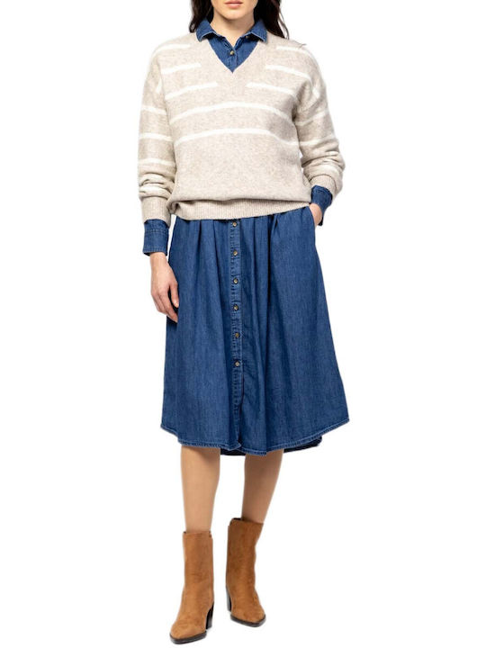 Damen Pullover mit V-Ausschnitt Gestreift Beige