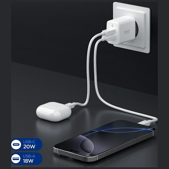 Spigen Φορτιστής Χωρίς Καλώδιο με Θύρα USB-A και Θύρα USB-C 20W Power Delivery Λευκός (Essential)