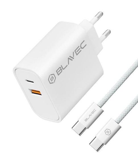 Blavec Charger with USB-A Port and USB-C Port and Cable USB-C - USB-C 20W Power Delivery / Quick Charge 3.0 Whites (TCBC2-UCW20+CC)