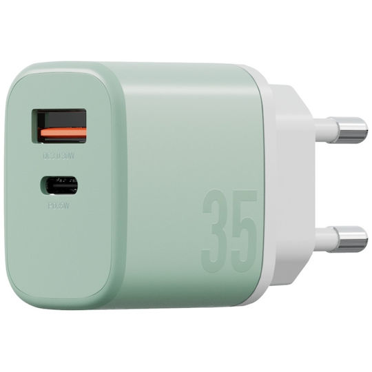 Bazic GaN с USB-A порт и USB-C порт и кабел USB-C - USB-C 35W Power Delivery / Quick Charge 3.0 Зелен (Goport Velox Kit)