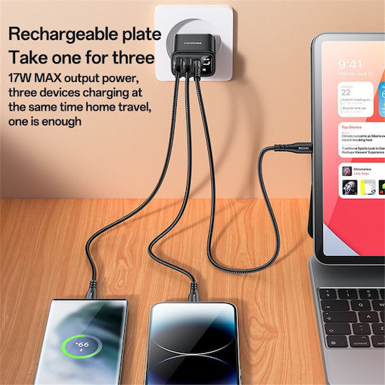 Yesido Charger Without Cable with 2 USB-A Ports and USB-C Port 17W Blacks (YC67)