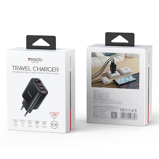 Yesido Charger Without Cable with 2 USB-A Ports and USB-C Port 17W Blacks (YC67)
