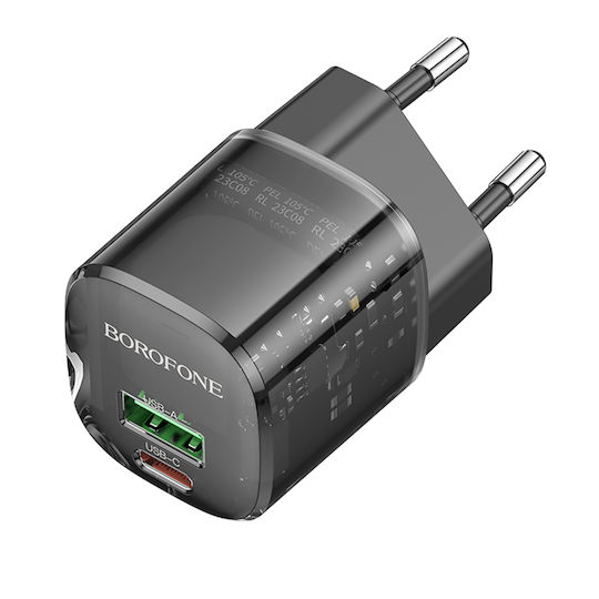 Borofone Charger Without Cable with USB-A Port and USB-C Port 20W Power Delivery / Quick Charge 3.0 Blacks (BN17 Sunlight)