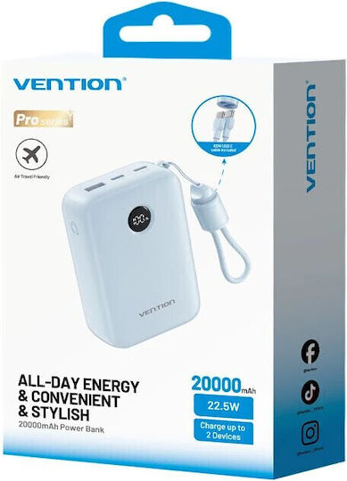 Vention Power Bank 20000mAh 22.5W με Θύρα USB-A και Θύρα USB-C Μπλε