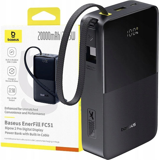 Baseus EnerFill Bipow2 Pro Power Bank 20000mAh 22.5W με Θύρα USB-A και Θύρα USB-C Cosmic Black