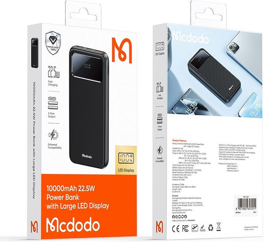Mcdodo MC-4220 Power Bank 10000mAh 22.5W με 2 Θύρες USB-A και Θύρα USB-C Μαύρο